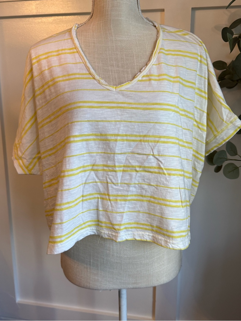 Striped V-Neck Oversized Crop Tee in Yellow and White